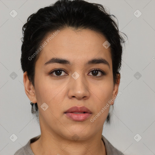 Neutral latino young-adult female with short  brown hair and brown eyes