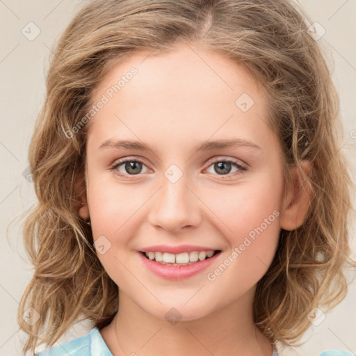 Joyful white young-adult female with medium  brown hair and green eyes