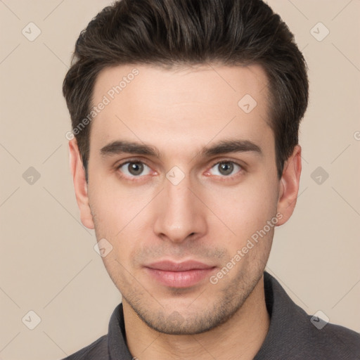 Neutral white young-adult male with short  brown hair and brown eyes