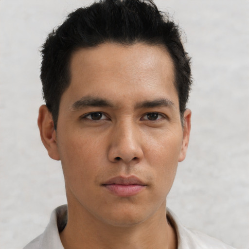Neutral asian young-adult male with short  black hair and brown eyes