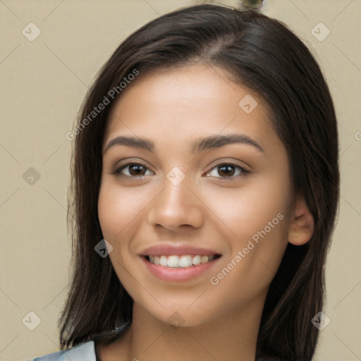 Joyful white young-adult female with long  brown hair and brown eyes