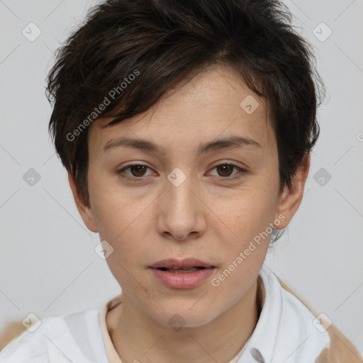 Neutral white young-adult female with short  brown hair and brown eyes