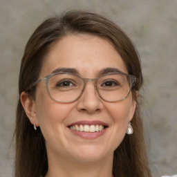 Joyful white adult female with medium  brown hair and brown eyes