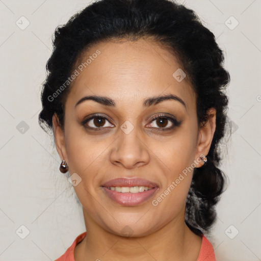 Joyful latino young-adult female with medium  brown hair and brown eyes