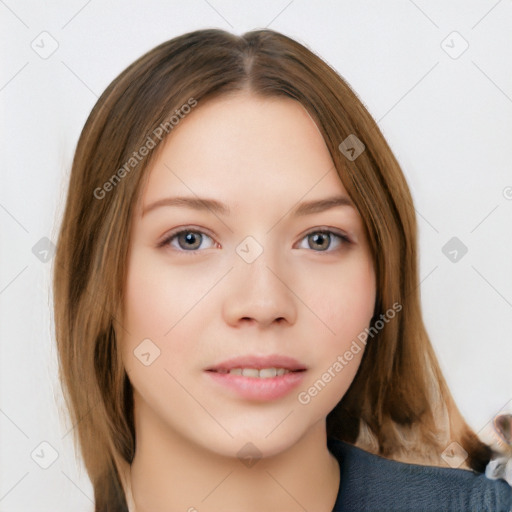 Neutral white young-adult female with medium  brown hair and brown eyes