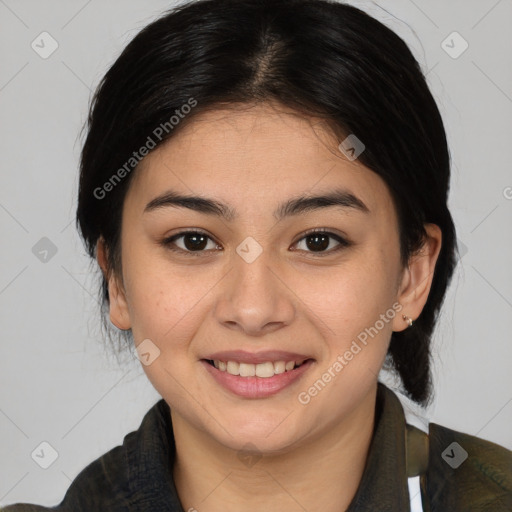 Joyful asian young-adult female with medium  brown hair and brown eyes