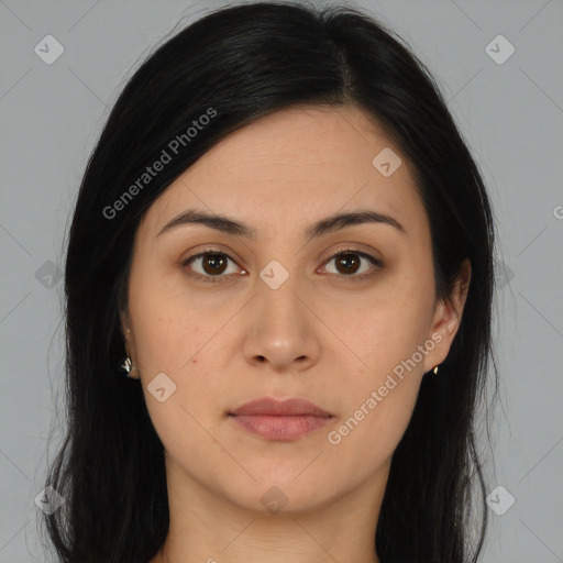 Neutral asian young-adult female with long  brown hair and brown eyes