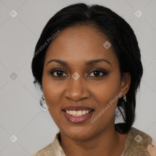 Joyful black young-adult female with medium  black hair and brown eyes