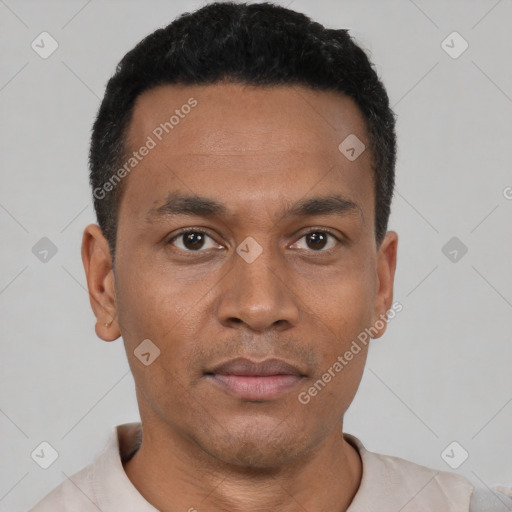 Neutral black young-adult male with short  black hair and brown eyes