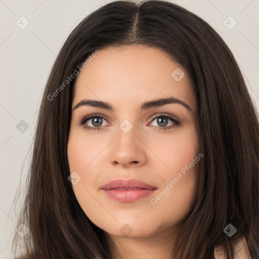 Neutral white young-adult female with long  brown hair and brown eyes