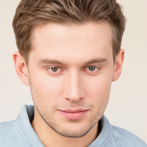 Neutral white young-adult male with short  brown hair and grey eyes