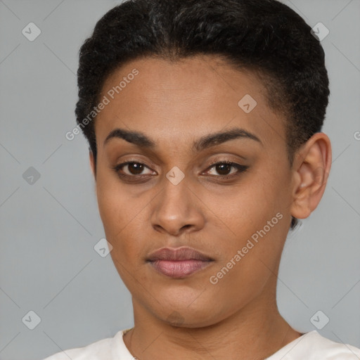 Joyful latino young-adult female with short  brown hair and brown eyes