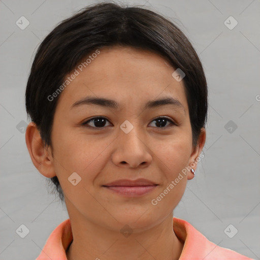 Joyful asian young-adult female with short  brown hair and brown eyes