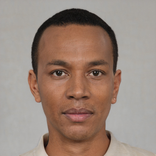 Neutral black young-adult male with short  black hair and brown eyes