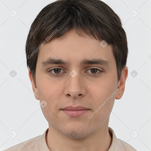 Neutral white young-adult male with short  brown hair and brown eyes