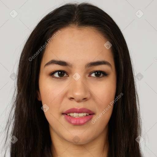 Joyful white young-adult female with long  brown hair and brown eyes