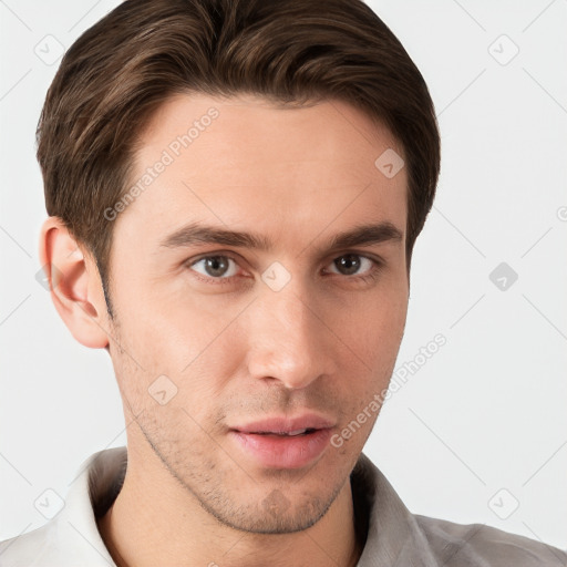 Neutral white young-adult male with short  brown hair and brown eyes