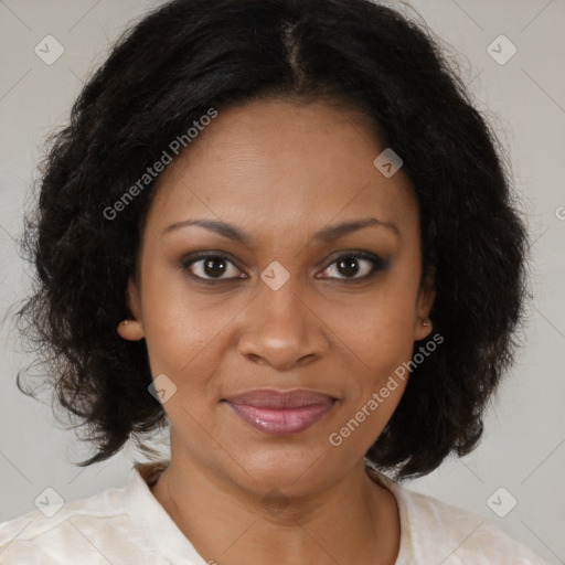 Joyful black young-adult female with medium  brown hair and brown eyes