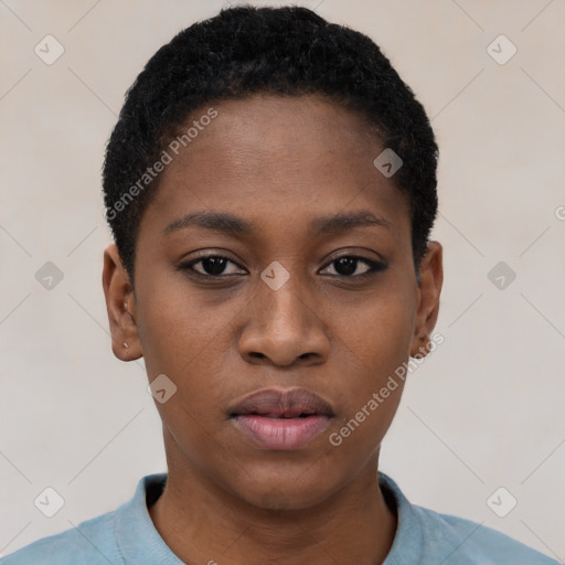 Neutral black young-adult female with short  black hair and brown eyes