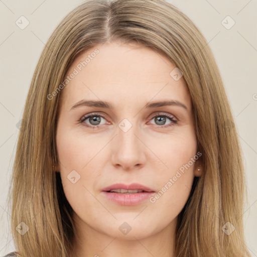 Joyful white young-adult female with long  brown hair and green eyes