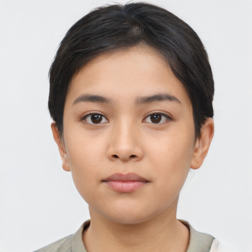 Neutral asian young-adult female with short  black hair and brown eyes