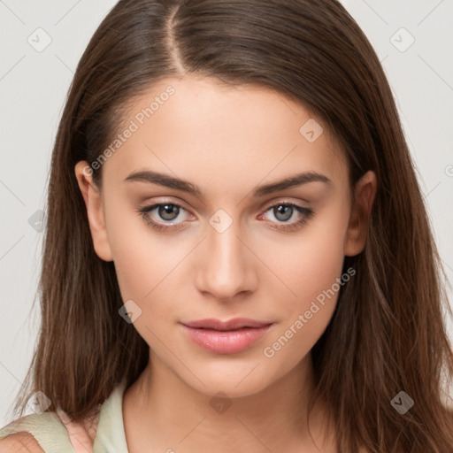 Neutral white young-adult female with long  brown hair and brown eyes