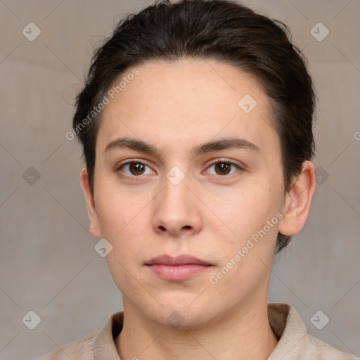 Neutral white young-adult female with short  brown hair and brown eyes