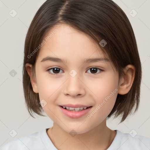 Joyful white child female with medium  brown hair and brown eyes