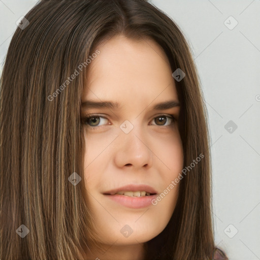 Neutral white young-adult female with long  brown hair and brown eyes