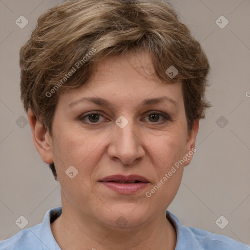 Joyful white adult female with short  brown hair and brown eyes