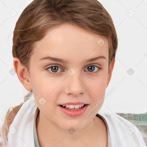 Joyful white child female with short  brown hair and brown eyes