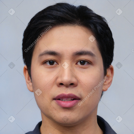 Neutral asian young-adult male with short  black hair and brown eyes