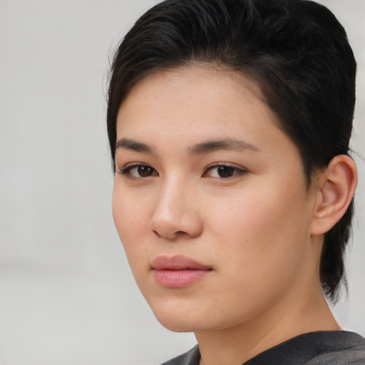 Neutral asian young-adult female with short  brown hair and brown eyes