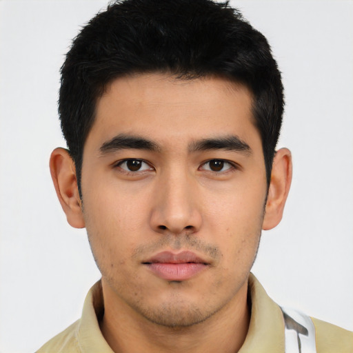 Neutral asian young-adult male with short  black hair and brown eyes