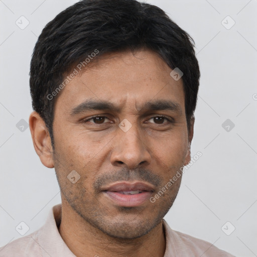 Neutral latino adult male with short  black hair and brown eyes