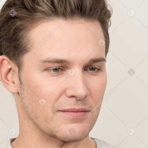 Neutral white young-adult male with short  brown hair and grey eyes