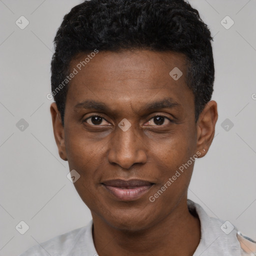 Joyful black young-adult male with short  black hair and brown eyes