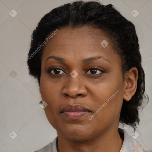 Joyful black adult female with short  brown hair and brown eyes