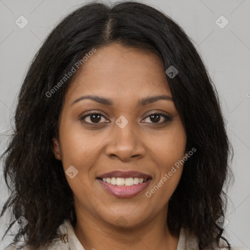 Joyful black young-adult female with medium  brown hair and brown eyes