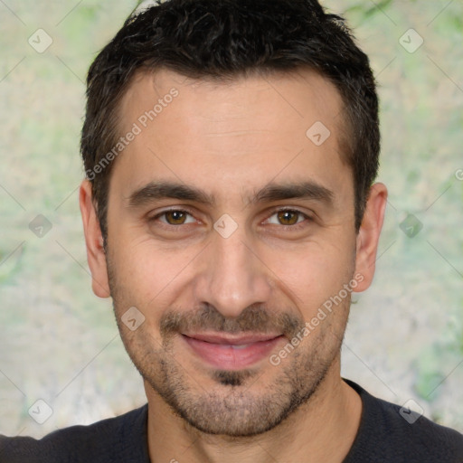 Joyful white adult male with short  brown hair and brown eyes