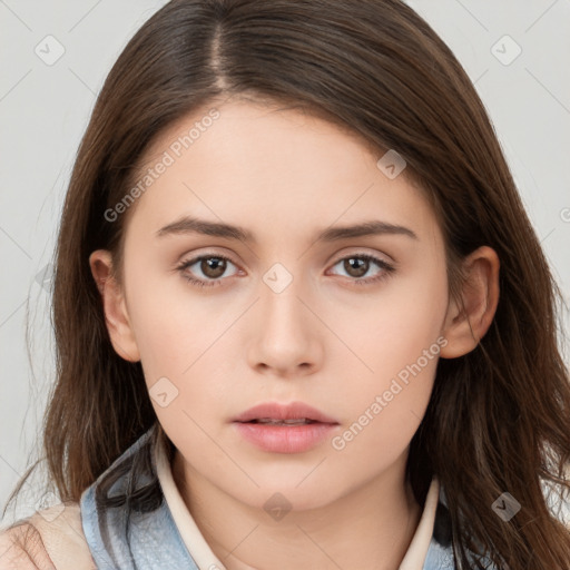 Neutral white young-adult female with long  brown hair and brown eyes