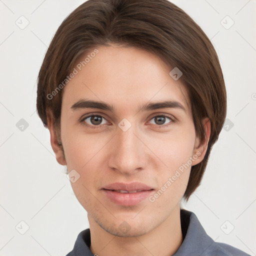 Neutral white young-adult male with short  brown hair and brown eyes