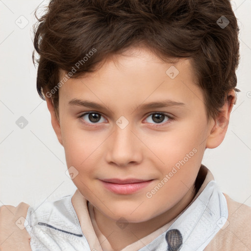 Joyful white child female with short  brown hair and brown eyes