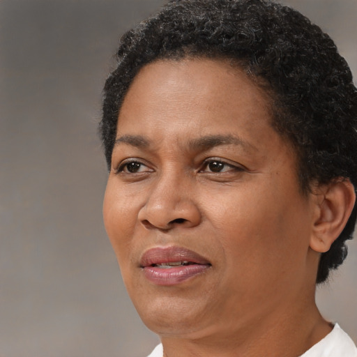 Joyful black adult female with short  black hair and brown eyes
