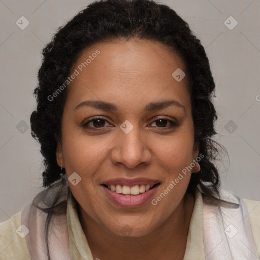 Joyful latino young-adult female with long  brown hair and brown eyes