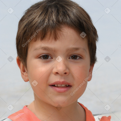 Joyful white child female with short  brown hair and brown eyes