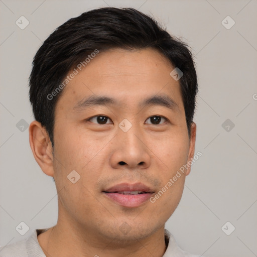 Neutral asian young-adult male with short  brown hair and brown eyes