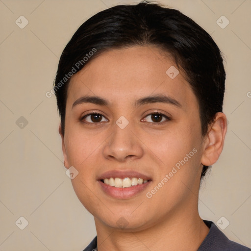 Joyful asian young-adult female with short  brown hair and brown eyes