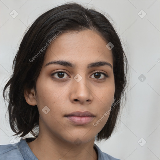 Neutral white young-adult female with medium  brown hair and brown eyes