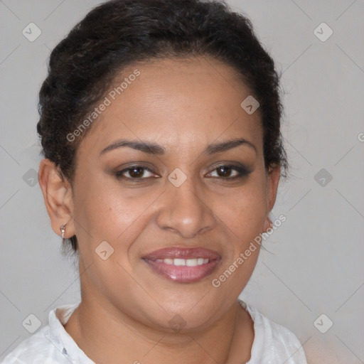 Joyful latino young-adult female with short  brown hair and brown eyes